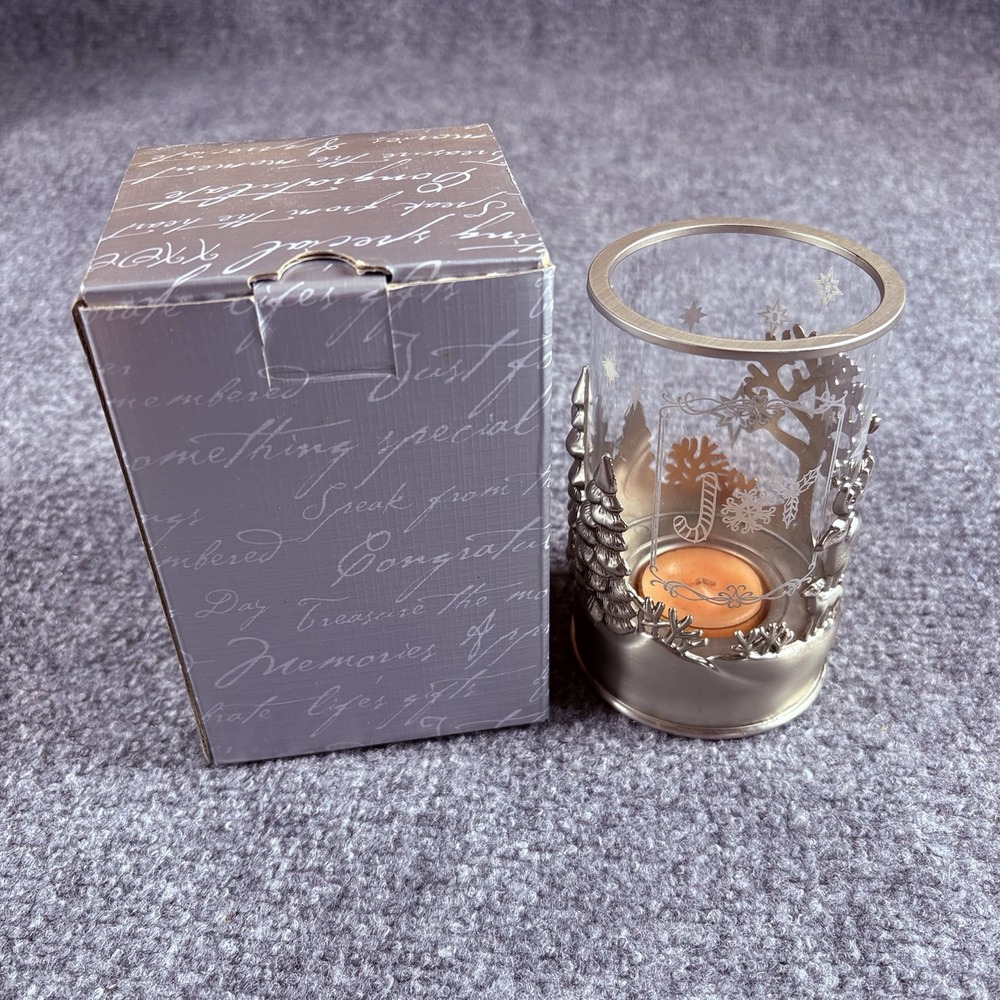 Things Remembered Glass Candle Holder JOY Woodland Deer Pewter Rustic 3D‎ Decor